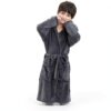 Boys Fleece Robe Soft Hooded Kids Bathrobe Grey Black Blue-1