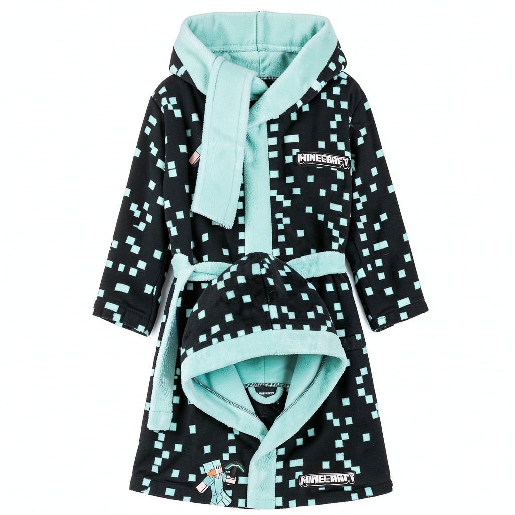 Boys wearing Minecraft fleece robe in green color with hood up