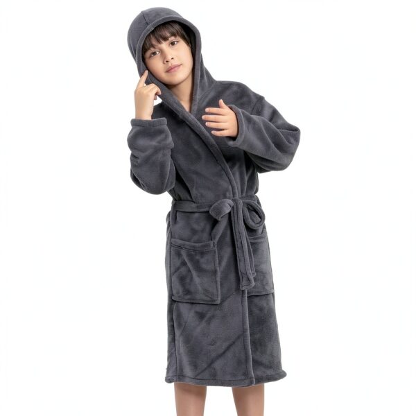 Boys Fleece Robe Soft Hooded Kids Bathrobe Grey Black Blue-5