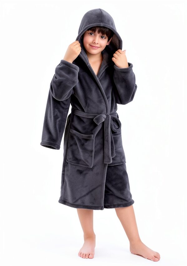 Boys Fleece Robe Soft Hooded Kids Bathrobe Grey Black Blue-0