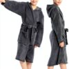 Boys Fleece Robe Soft Hooded Kids Bathrobe Grey Black Blue-2