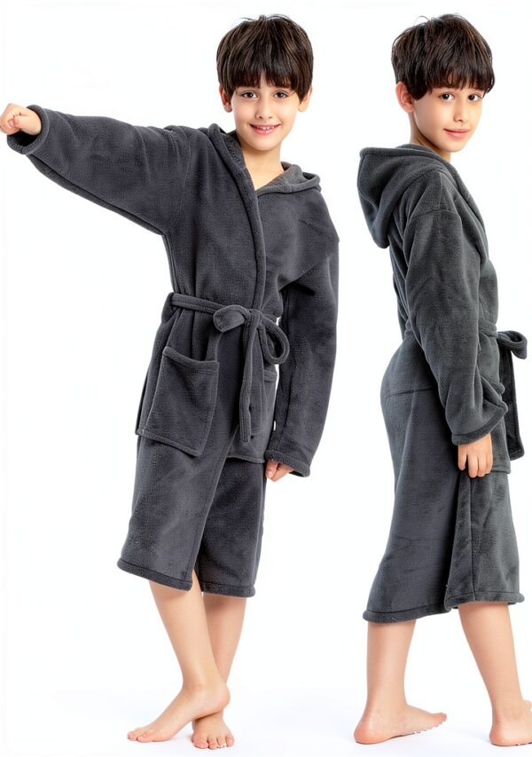 Boys Fleece Robe Soft Hooded Kids Bathrobe Grey Black Blue-2